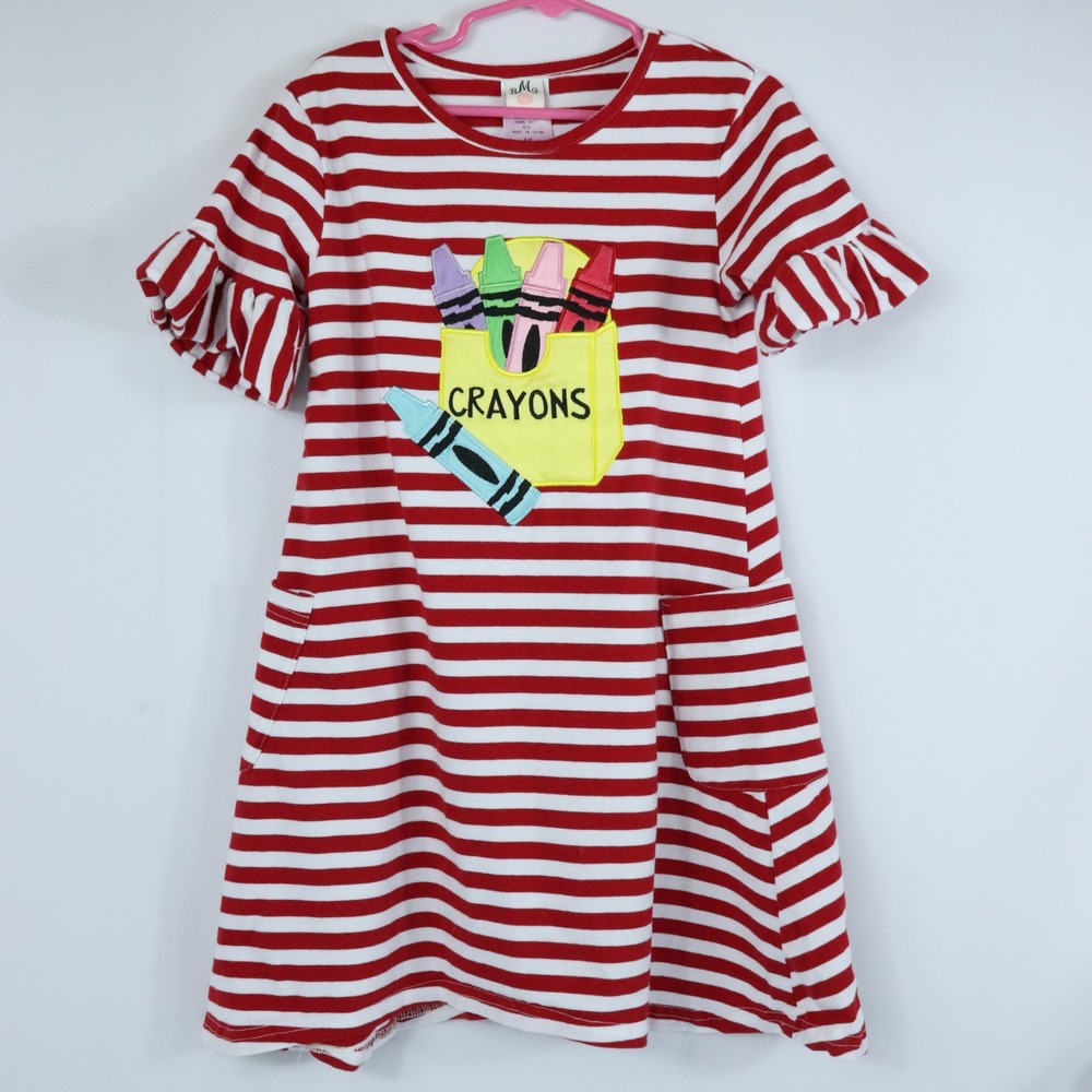 BMG Mia Belle Girls Red Striped Crayon Dress Ruffle Pockets Back to School Sz 6Y